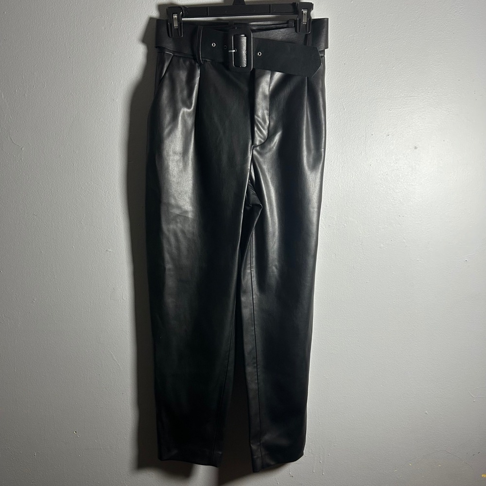 Zara Black Faux Leather High‎ Waisted Belted Trousers Pants Women